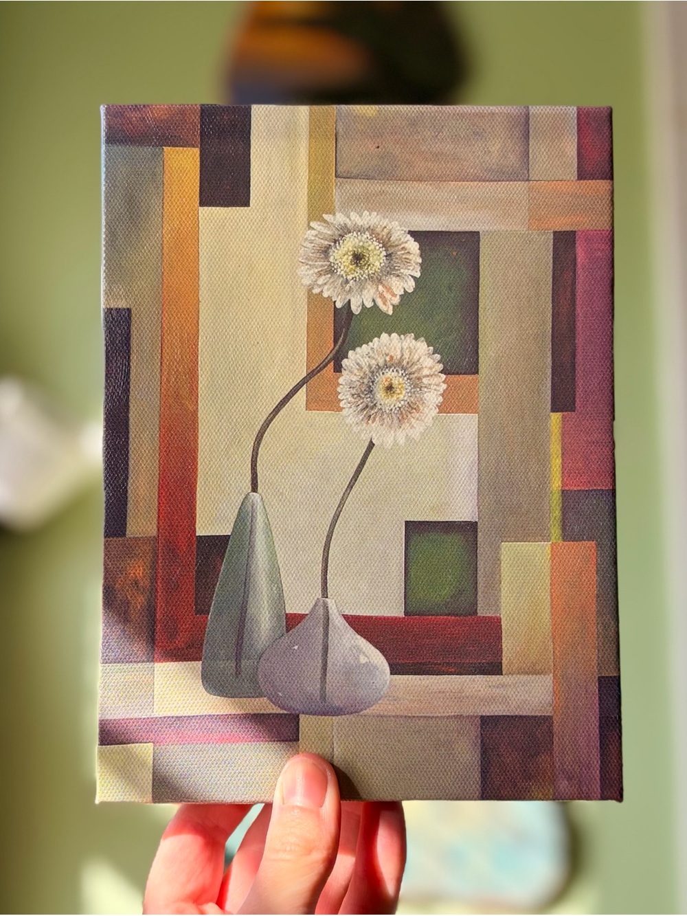 Elegant Geometric Floral Canvas Art Florals in Vases, White Wall Decor